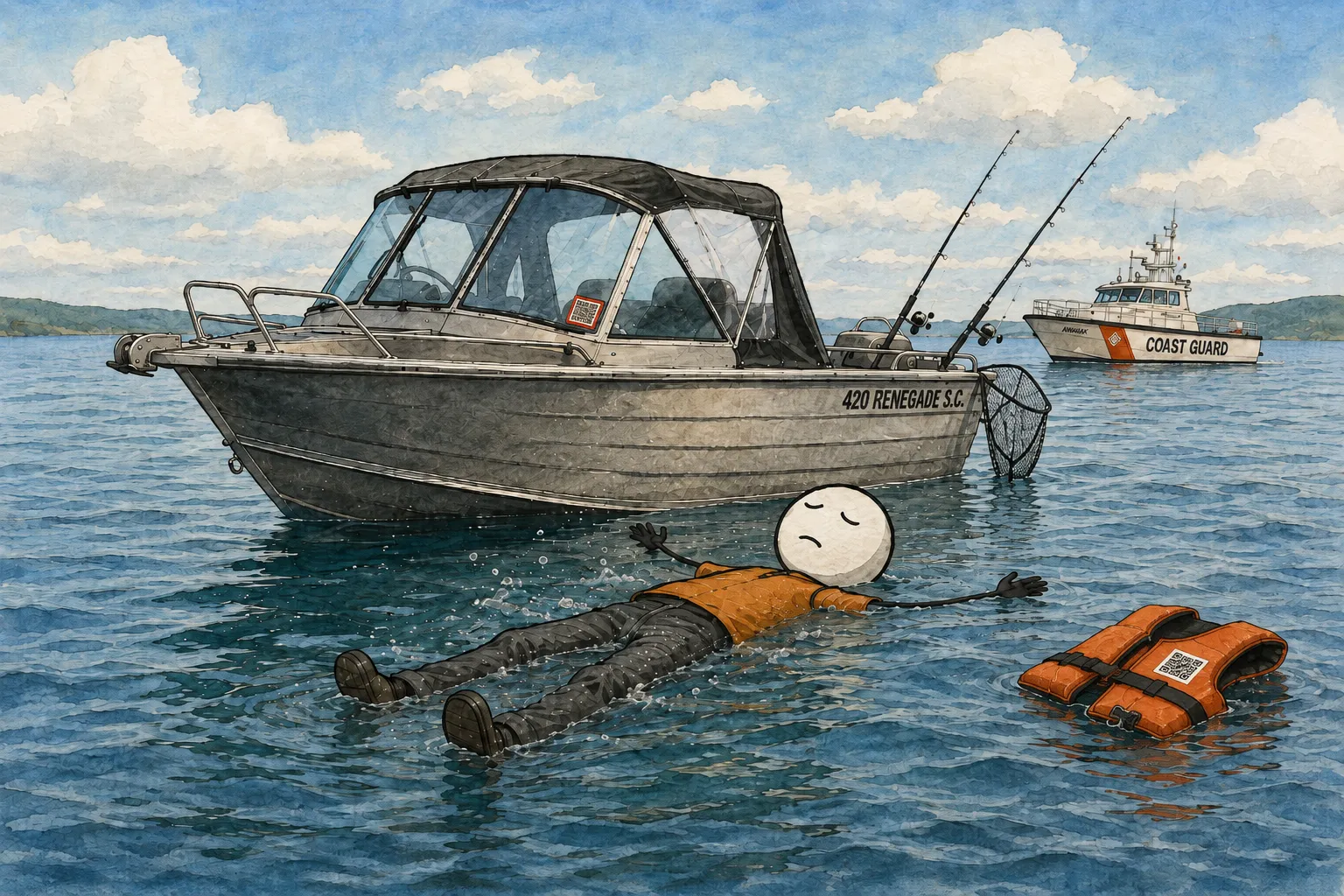 A person floating motionless in open water beside their own fishing boat, a life jacket with a visible QR code floating nearby, a Coastguard vessel approaching in the background